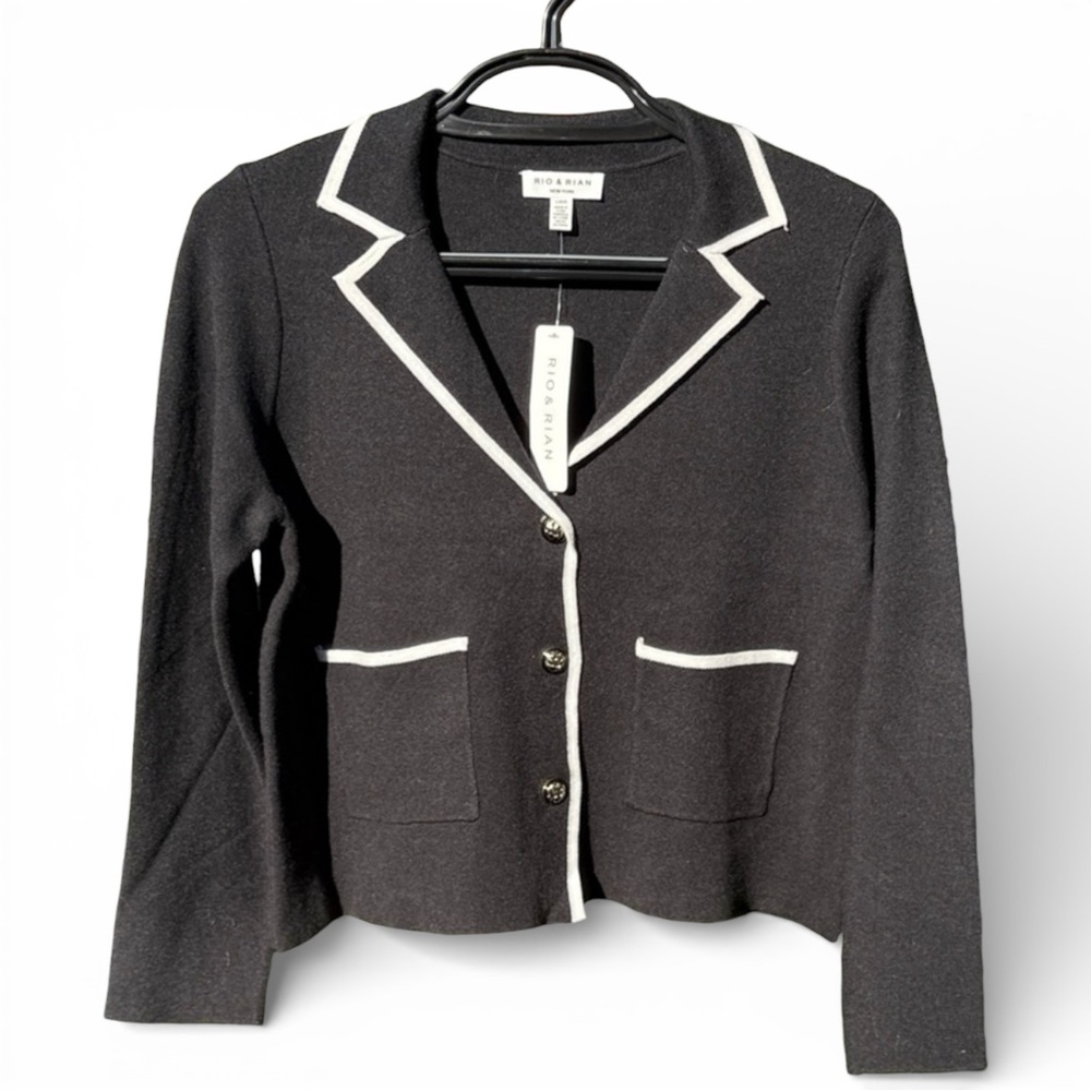 NWT Rio & Rian New York Black Contrast-Trim Knit Cardigan – Size L